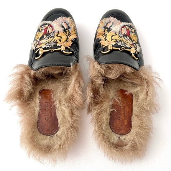 GUCCI | Princetown Horsebit Fur Black Leather Tiger Loafers Mules Flats EU 36.5 - Picture 5 of 10